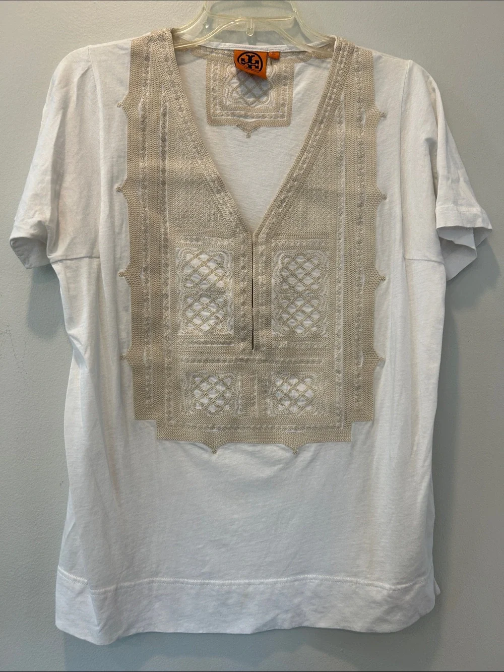 Tory Burch White Short-Sleeve V-Neck Shirt with Beige Embroidered Panel